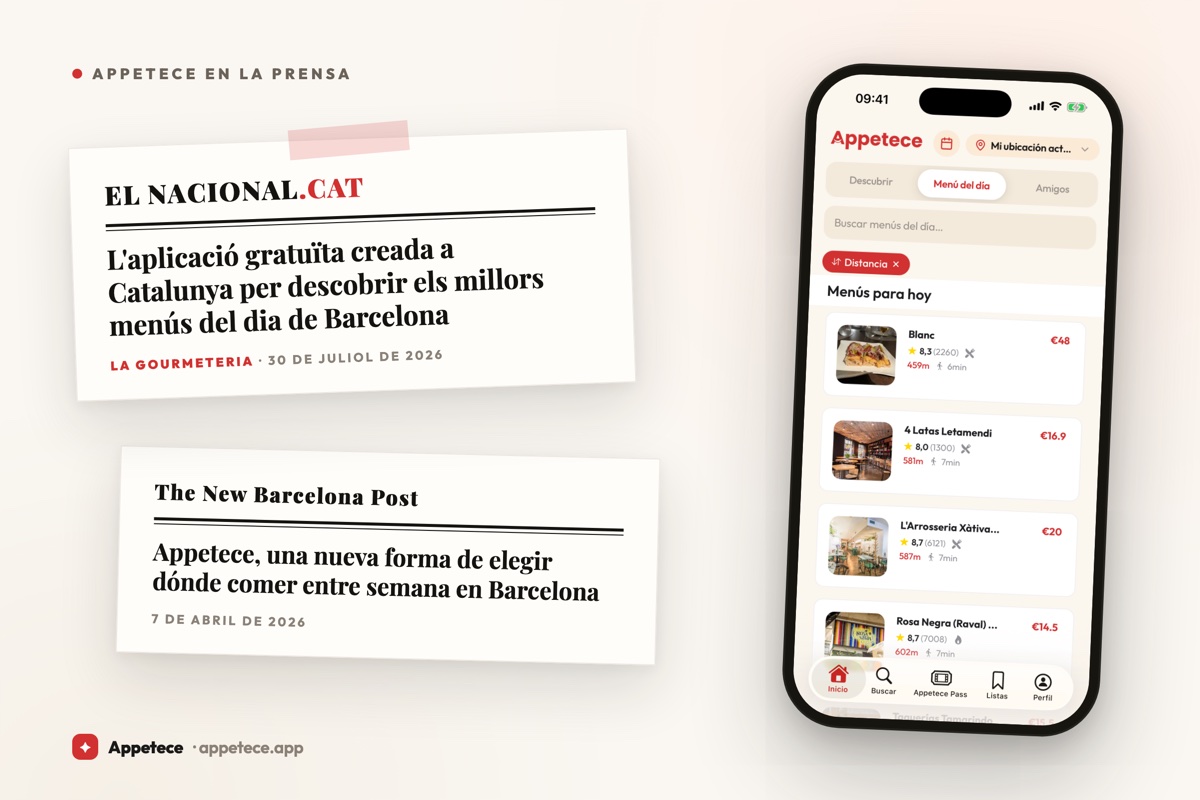 Retalls de premsa d'El Nacional i The New Barcelona Post al costat de l'app d'Appetece mostrant menús del dia a Barcelona