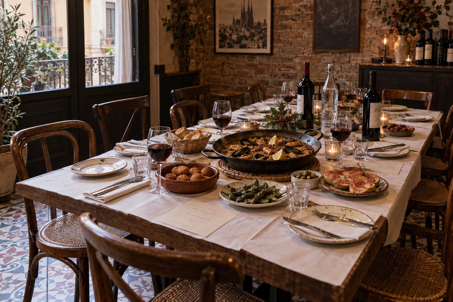 Mesa larga preparada para una cena de equipo en un reservado de un restaurante de Barcelona, con paella, croquetas, vino y un ramito de acebo