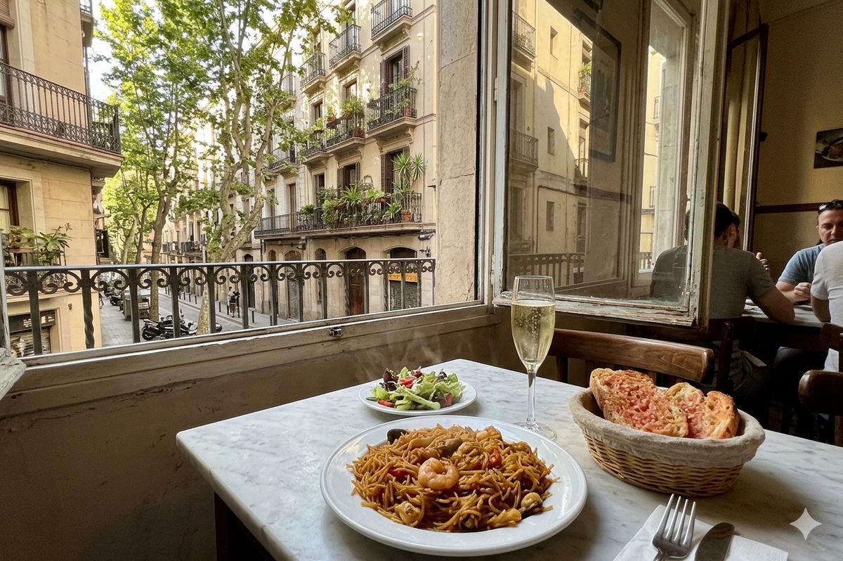 Plato de menú del día en un restaurante de Barcelona con vista a la calle