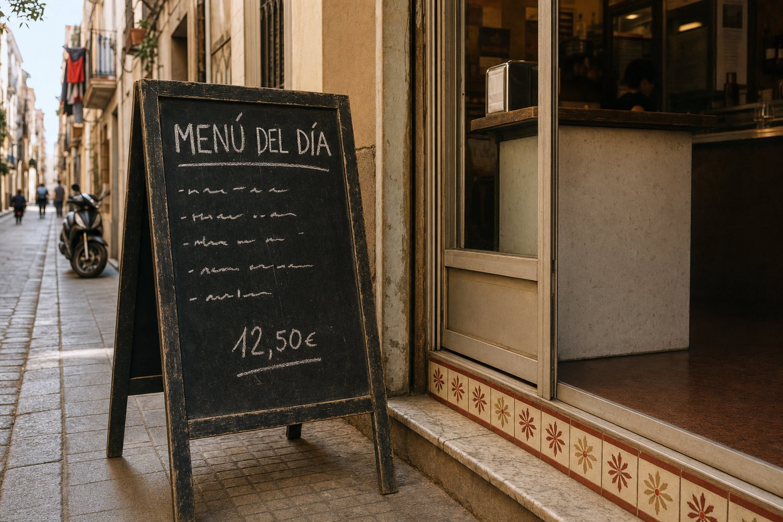 Menú del día blackboard outside a neighborhood bar