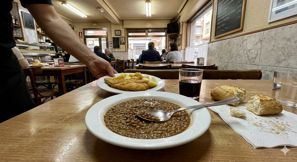 Mesa de restaurante con menú del día español: primer plato, segundo plato, postre y bebida