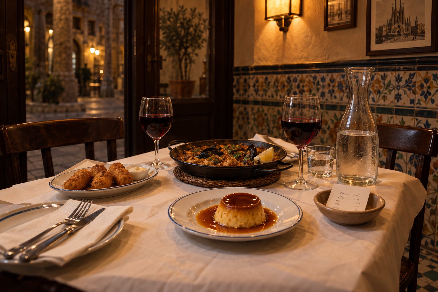 Mesa de un restaurante de Barcelona por la noche, con croquetas, paella, flan, vino tinto y la cuenta en un platito